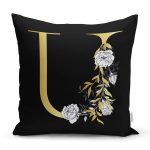 Siyah Zemin Beyaz Gül Motifli Gold U Harfi Özel Tasarım Dijital Baskılı Yastık Kırlent Kılıfı Realhomes