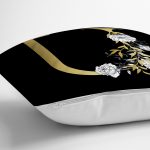 Siyah Zemin Beyaz Gül Motifli Gold U Harfi Özel Tasarım Dijital Baskılı Yastık Kırlent Kılıfı Realhomes