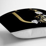 Siyah Zemin Beyaz Gül Motifli Gold Ü Harfi Özel Tasarım Dijital Baskılı Yastık Kırlent Kılıfı Realhomes