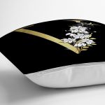 Siyah Zemin Beyaz Gül Motifli Gold V Harfi Özel Tasarım Dijital Baskılı Yastık Kırlent Kılıfı Realhomes