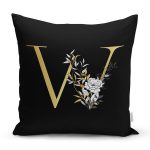 - Rh-K9714-Gorsel1 - Realhomes  Siyah Zemin Beyaz Gül Motifli Gold W Harfi Özel Tasarım Dijital Baskılı Yastık Kırlent Kılıfı Realhomes
