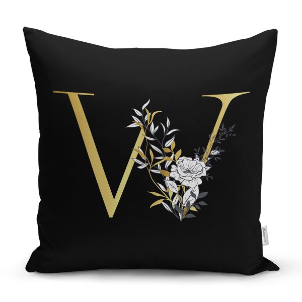 - Rh-K9714-Gorsel1 - Realhomes  Siyah Zemin Beyaz Gül Motifli Gold W Harfi Özel Tasarım Dijital Baskılı Yastık Kırlent Kılıfı Realhomes