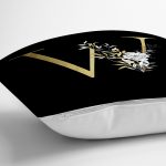 - Rh-K9714-Gorsel3 - Realhomes  Siyah Zemin Beyaz Gül Motifli Gold W Harfi Özel Tasarım Dijital Baskılı Yastık Kırlent Kılıfı Realhomes