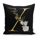 - Rh-K9715-Gorsel1 - Realhomes Siyah Zemin Beyaz Gül Motifli Gold X Harfi Özel Tasarım Dijital Baskılı Yastık Kırlent Kılıfı Realhomes