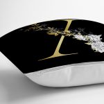 - Rh-K9715-Gorsel3 - Realhomes Siyah Zemin Beyaz Gül Motifli Gold X Harfi Özel Tasarım Dijital Baskılı Yastık Kırlent Kılıfı Realhomes