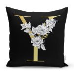 - Rh-K9716-Gorsel1 - Realhomes  Siyah Zemin Beyaz Gül Motifli Gold Y Harfi Özel Tasarım Dijital Baskılı Yastık Kırlent Kılıfı Realhomes