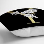 - Rh-K9716-Gorsel3 - Realhomes  Siyah Zemin Beyaz Gül Motifli Gold Y Harfi Özel Tasarım Dijital Baskılı Yastık Kırlent Kılıfı Realhomes