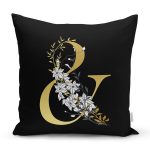 Siyah Zemin Beyaz Gül Motifli Gold & Harfi Özel Tasarım Dijital Baskılı Yastık Kırlent Kılıfı Realhomes