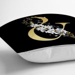 Siyah Zemin Beyaz Gül Motifli Gold & Harfi Özel Tasarım Dijital Baskılı Yastık Kırlent Kılıfı Realhomes