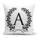 - Rh-K9719-Gorsel1 - Realhomes Siyah Beyaz Çelenkli A Harfi Özel Tasarım Dijital Baskılı Yastık Kırlent Kılıfı Realhomes