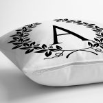 - Rh-K9719-Gorsel3 - Realhomes Siyah Beyaz Çelenkli A Harfi Özel Tasarım Dijital Baskılı Yastık Kırlent Kılıfı Realhomes