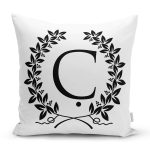 - Rh-K9722-Gorsel1 - Realhomes Siyah Beyaz Çelenkli Ç Harfi Özel Tasarım Dijital Baskılı Yastık Kırlent Kılıfı Realhomes