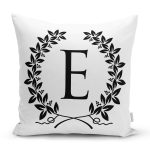 - Rh-K9724-Gorsel1 - Realhomes Siyah Beyaz Çelenkli E Harfi Özel Tasarım Dijital Baskılı Yastık Kırlent Kılıfı Realhomes