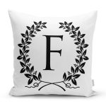 - Rh-K9725-Gorsel1 - Realhomes Siyah Beyaz Çelenkli F Harfi Özel Tasarım Dijital Baskılı Yastık Kırlent Kılıfı Realhomes