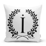 - Rh-K9728-Gorsel1 - Realhomes Siyah Beyaz Çelenkli İ Harfi Özel Tasarım Dijital Baskılı Yastık Kırlent Kılıfı Realhomes