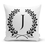 - Rh-K9730-Gorsel1 - Realhomes  Siyah Beyaz Çelenkli J Harfi Özel Tasarım Dijital Baskılı Yastık Kırlent Kılıfı Realhomes
