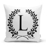 - Rh-K9732-Gorsel1 - Realhomes Siyah Beyaz Çelenkli L Harfi Özel Tasarım Dijital Baskılı Yastık Kırlent Kılıfı Realhomes