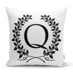 - Rh-K9738-Gorsel1 - Realhomes  Siyah Beyaz Çelenkli Q Harfi Özel Tasarım Dijital Baskılı Yastık Kırlent Kılıfı Realhomes