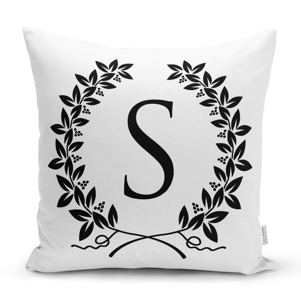 - Rh-K9740-Gorsel1 - Realhomes  Siyah Beyaz Çelenkli Ü Harfi Özel Tasarım Dijital Baskılı Yastık Kırlent Kılıfı Realhomes