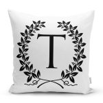 - Rh-K9742-Gorsel1 - Realhomes Siyah Beyaz Çelenkli T Harfi Özel Tasarım Dijital Baskılı Yastık Kırlent Kılıfı Realhomes