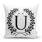 - Rh-K9744-Gorsel1 - Realhomes  Siyah Beyaz Çelenkli Ü Harfi Özel Tasarım Dijital Baskılı Yastık Kırlent Kılıfı Realhomes