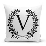 Siyah Beyaz Çelenkli V Harfi Özel Tasarım Dijital Baskılı Yastık Kırlent Kılıfı Realhomes