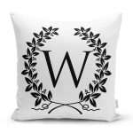 - Rh-K9746-Gorsel1 - Realhomes  Siyah Beyaz Çelenkli W Harfi Özel Tasarım Dijital Baskılı Yastık Kırlent Kılıfı Realhomes