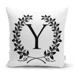 - Rh-K9748-Gorsel1 - Realhomes Siyah Beyaz Çelenkli Y Harfi Özel Tasarım Dijital Baskılı Yastık Kırlent Kılıfı Realhomes