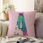 - Sonil-K9414-Gorsel1 - Realhomes Pembe Zemin Tropik Yapraklı A Harfi Özel Tasarım Dijital Baskılı Raşel Kadife Yastık Kırlent Kılıfı Realhomes