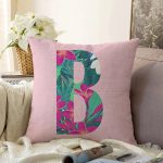 Pembe Zemin Tropik Yapraklı B Harfi Özel Tasarım Dijital Baskılı Raşel Kadife Yastık Kırlent Kılıfı Realhomes