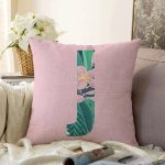Pembe Zemin Tropik Yapraklı J Harfi Özel Tasarım Dijital Baskılı Raşel Kadife Yastık Kırlent Kılıfı Realhomes