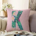 Pembe Zemin Tropik Yapraklı K Harfi Özel Tasarım Dijital Baskılı Raşel Kadife Yastık Kırlent Kılıfı Realhomes