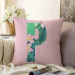 Pembe Zemin Tropik Yapraklı P Harfi Özel Tasarım Dijital Baskılı Raşel Kadife Yastık Kırlent Kılıfı Realhomes