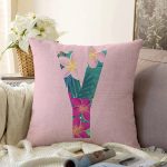 - Sonil-K9441-Gorsel1 - Realhomes Pembe Zemin Tropik Yapraklı Y Harfi Özel Tasarım Dijital Baskılı Raşel Kadife Yastık Kırlent Kılıfı Realhomes