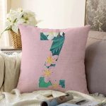 Pembe Zemin Tropik Yapraklı Z Harfi Özel Tasarım Dijital Baskılı Raşel Kadife Yastık Kırlent Kılıfı Realhomes