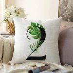 Beyaz Zemin Yaprak Motifli Siyah 2 Rakamı Özel Tasarım Dijital Baskılı Raşel Kadife Yastık Kırlent Kılıfı Realhomes