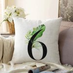 - Sonil-K9450-Gorsel1 - Realhomes  Beyaz Zemin Yaprak Motifli Siyah 6 Rakamı Özel Tasarım Dijital Baskılı Raşel Kadife Yastık Kırlent Kılıfı Realhomes