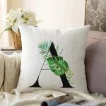 Beyaz Zemin Yaprak Motifli Siyah A Harfi Özel Tasarım Dijital Baskılı Raşel Kadife Yastık Kırlent Kılıfı Realhomes