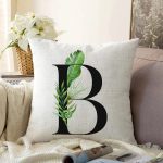 Beyaz Zemin Yaprak Motifli Siyah B Harfi Özel Tasarım Dijital Baskılı Raşel Kadife Yastık Kırlent Kılıfı Realhomes