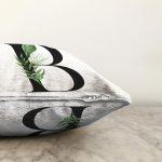 Beyaz Zemin Yaprak Motifli Siyah B Harfi Özel Tasarım Dijital Baskılı Raşel Kadife Yastık Kırlent Kılıfı Realhomes