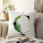 - Sonil-K9457-Gorsel1 - Realhomes Beyaz Zemin Yaprak Motifli Siyah Ç Harfi Özel Tasarım Dijital Baskılı Raşel Kadife Yastık Kırlent Kılıfı Realhomes