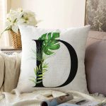 Beyaz Zemin Yaprak Motifli Siyah D Harfi Özel Tasarım Dijital Baskılı Raşel Kadife Yastık Kırlent Kılıfı Realhomes