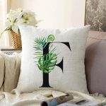 - Sonil-K9460-Gorsel1 - Realhomes Beyaz Zemin Yaprak Motifli Siyah F Harfi Özel Tasarım Dijital Baskılı Raşel Kadife Yastık Kırlent Kılıfı Realhomes