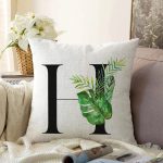 Beyaz Zemin Yaprak Motifli Siyah H Harfi Özel Tasarım Dijital Baskılı Raşel Kadife Yastık Kırlent Kılıfı Realhomes