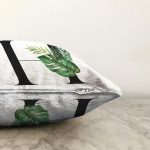 Beyaz Zemin Yaprak Motifli Siyah H Harfi Özel Tasarım Dijital Baskılı Raşel Kadife Yastık Kırlent Kılıfı Realhomes