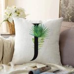 Beyaz Zemin Yaprak Motifli Siyah J Harfi Özel Tasarım Dijital Baskılı Raşel Kadife Yastık Kırlent Kılıfı Realhomes