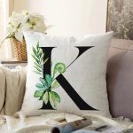 Beyaz Zemin Yaprak Motifli Siyah K Harfi Özel Tasarım Dijital Baskılı Raşel Kadife Yastık Kırlent Kılıfı Realhomes