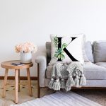 Beyaz Zemin Yaprak Motifli Siyah K Harfi Özel Tasarım Dijital Baskılı Raşel Kadife Yastık Kırlent Kılıfı Realhomes