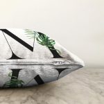 - Sonil-K9468-Gorsel3 - Realhomes Beyaz Zemin Yaprak Motifli Siyah M Harfi Özel Tasarım Dijital Baskılı Raşel Kadife Yastık Kırlent Kılıfı Realhomes