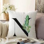 Beyaz Zemin Yaprak Motifli Siyah N Harfi Özel Tasarım Dijital Baskılı Raşel Kadife Yastık Kırlent Kılıfı Realhomes